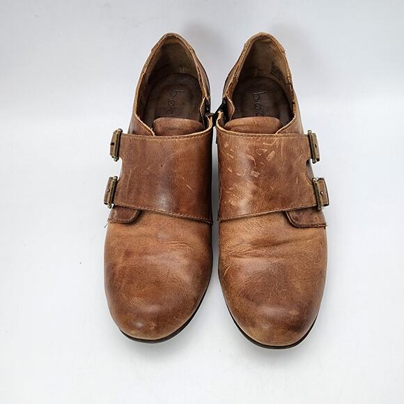 BOC Born Monkstrap Ankle Booties Size 9M Brown Leather Stacked Cone Heel Y2K - Picture 2 of 8